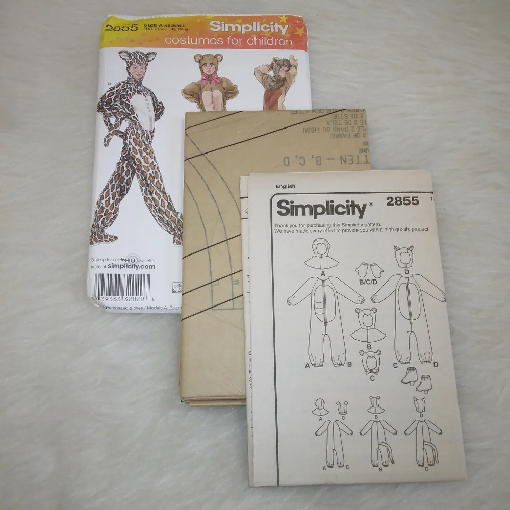 SIMPLICITY 2855 Sz XS-LAnimal Suit Costumes for kids cheetah lion bear gorilla